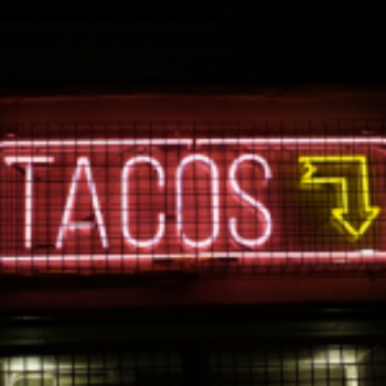 Florescent lighting spelling out tacos.