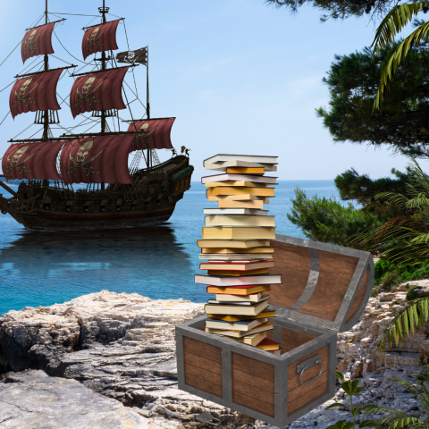 A treasure chest overflowing with a stack of books stands on a rocky shoreline. A pirate ship sails through tropical blue waters in the background.