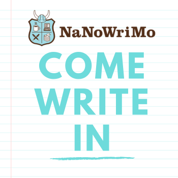 Lined notebook paper with NaNoWriMo logo and come write in written in blue text