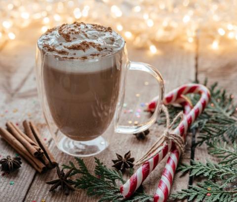 A mug of hot cocoa and candy canes.