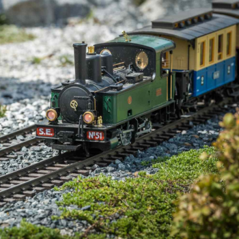 Model train on tracks with greenery in background