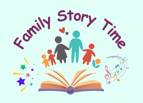 Cartoon of an open book with stars, a family and musical notes coming off the pages and "Family Story Time" written above.