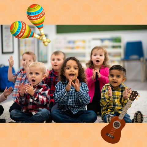 Singing children clap their hands. A ukulele and maracas surround the photo.