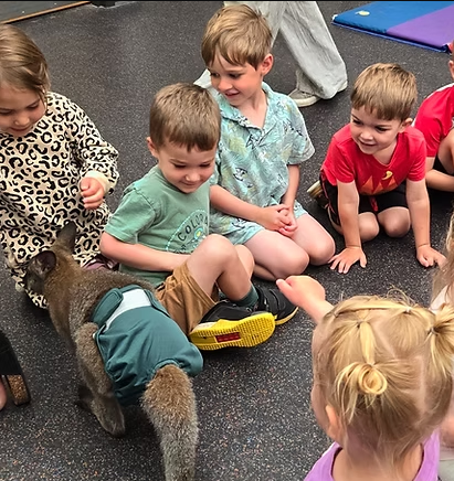Smiling kids surround a wallaby wearing a diaper