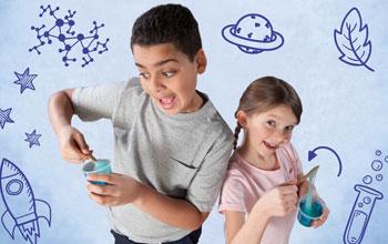 Two excited kids with science experiments stand against a blue background full of STEAM doodles.