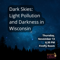 A starry night sky with text describing the event on Thursday, November 13 at 6:30 PM in the Firefly Room.