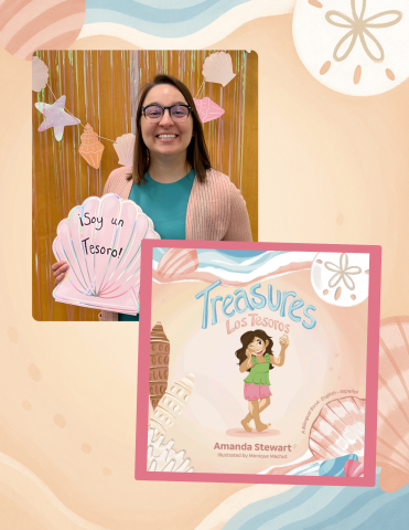 Author Amanda Stewart holds a seashell that says "Soy un tesoro" alongside the cover of her book named "Treasures / Los Tesoros."