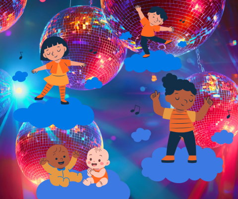 Babies and toddlers dance on blue clouds against a disco ball background