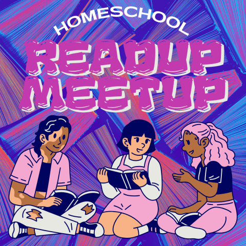 tweens and kids discuss books against a colorful flared book background