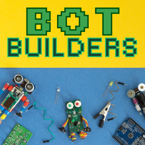 colorful robots on a blue background