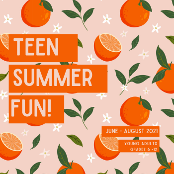 Peach colored background with oranges and teen summer fun printed on image