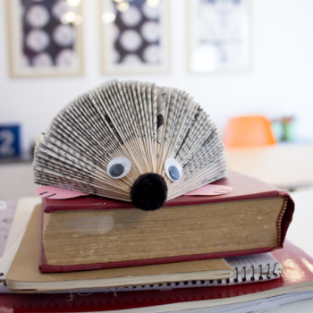 Book folded into a hedgehog with googly eyes.