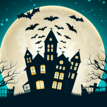 Haunted house with a bright moon and bats in the background.