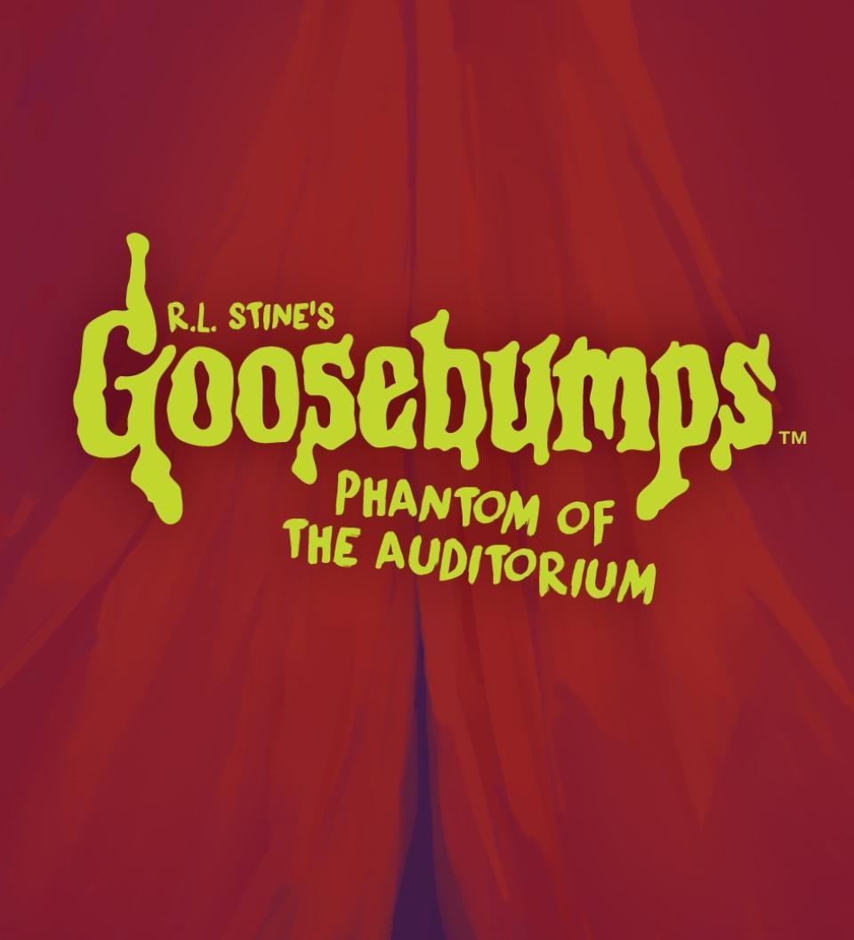 The words R L Stines Goosebumps Phantom of the Auditorium are superimposed over a red curtain