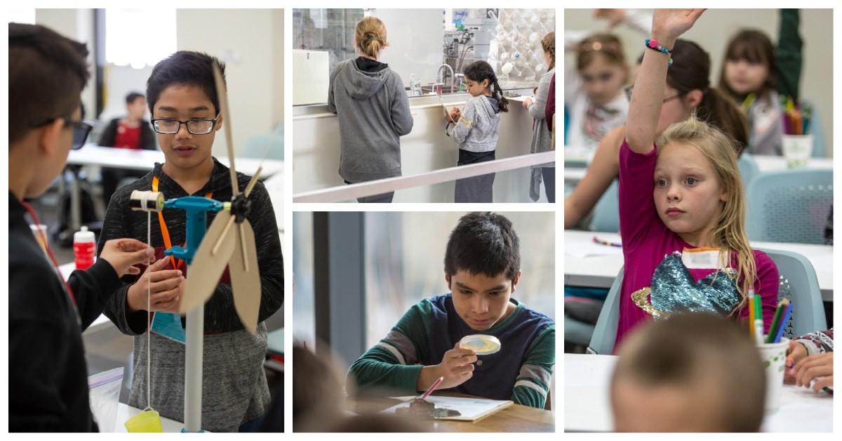 Children learn about alternative energy with a wind turbine