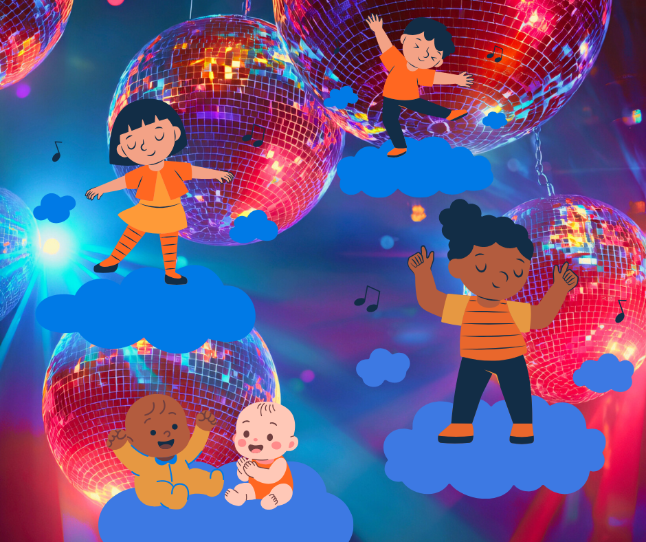 Babies and toddlers dance on blue clouds against a disco ball background